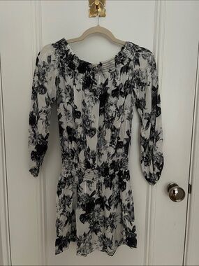 INTERMIX Black & White Off-Shoulder Floral Mini Dress
